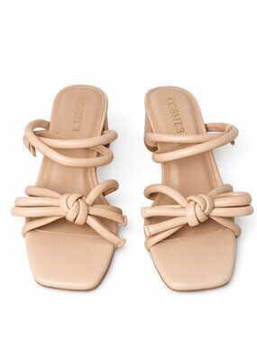 Women’s Nude Knotted Heeled Sandals Neutral Square Toe Dressy Summer Party Shoes